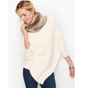 Talbots Cream Cable Knit Faux Fur Trim Poncho Sweater Women Cabincore